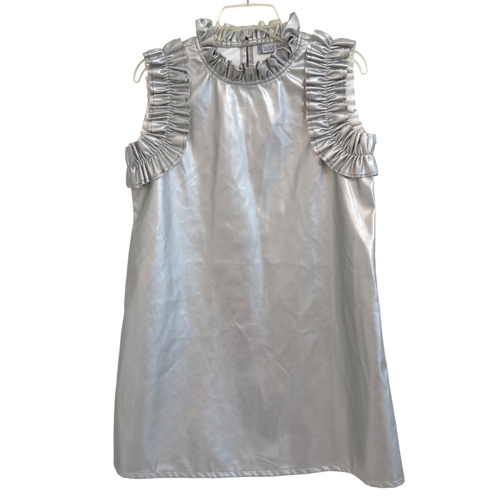 Just Bellina Metallic Silver Faux Leather Ruffle Neck Shift Mini Dress Womens M